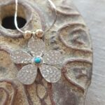 925 Sterling Silver Hammered floral pendant set with Turquoise