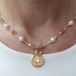 Gold pomegranate set with Mother of pearl on hand made beaded necklace