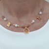 Rich design beaded faceted sun stone & Pearl necklace with Hammered Gold elements & Gold pomegranate