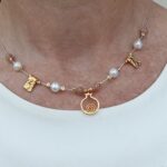 Rich design beaded faceted sun stone & Pearl necklace with Hammered Gold elements & Gold pomegranate