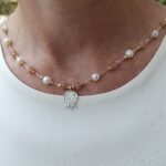 Hammer finish 925 Sterling silver pomegranate on designer beaded Pearl & sun stone necklace