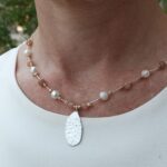 Faceted sun stone, fresh water pearl & Gold beads with 925 Sterling silver hammered nugget pendant