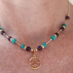 Turquoise, faceted Amethyst & Gold beaded necklace with Gold Hamsa pendant