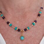 Beaded Turquoise Amethyst & Gold necklace with Gold turquoise designer pendant