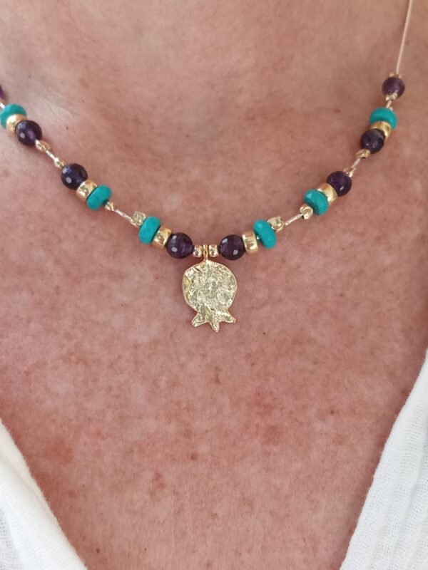 Gold hammered pomegranate pendant on Turquoise, Amethyst & Gold beaded necklace