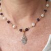Hand made beaded necklace with faceted Amethyst, Real Pearl, Gold beads & Hamsa filagree pendant