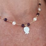 925 Sterling Silver hammered finish pomegranate pendant on Amethyst & pearl beaded chain