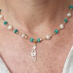 Beaded 925 Sterling silver, Turquoise and Pearl necklace with Map of Israel pendant
