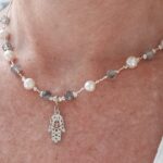 Beaded designer necklace with Tourmaline, Fresh water pearls & Hamsa pendant