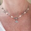 Beautifully Hand made beaded Real Pearl & tourmaline necklace with "Evil eye" pendant