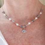 Beautifully Hand made beaded Real Pearl & tourmaline necklace with "Evil eye" pendant