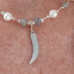 Outstanding designer real Pearl & Tourmaline Beaded Silver necklace with CZ horn pendant