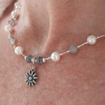 Fresh water pearl & faceted Tourmaline beaded designer 925 Sterling Silver necklace with flower pendant
