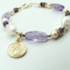 Gorgeous faceted wild Amethyst & Jumbo Pearl bracelet with decorative Gold coin
