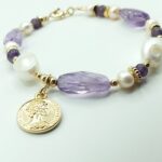Gorgeous faceted wild Amethyst & Jumbo Pearl bracelet with decorative Gold coin