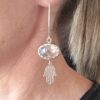 Designer 925 Sterling silver Oval faceted CZ earrings with dangling Hamsa